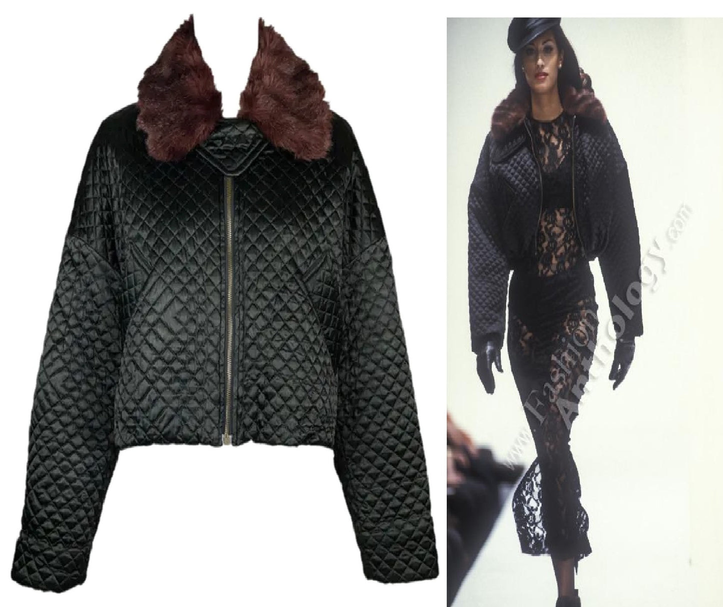 F/W 1992 Dolce & Gabbana Runway Black Quilted Faux Fur Cropped Baggy Jacket