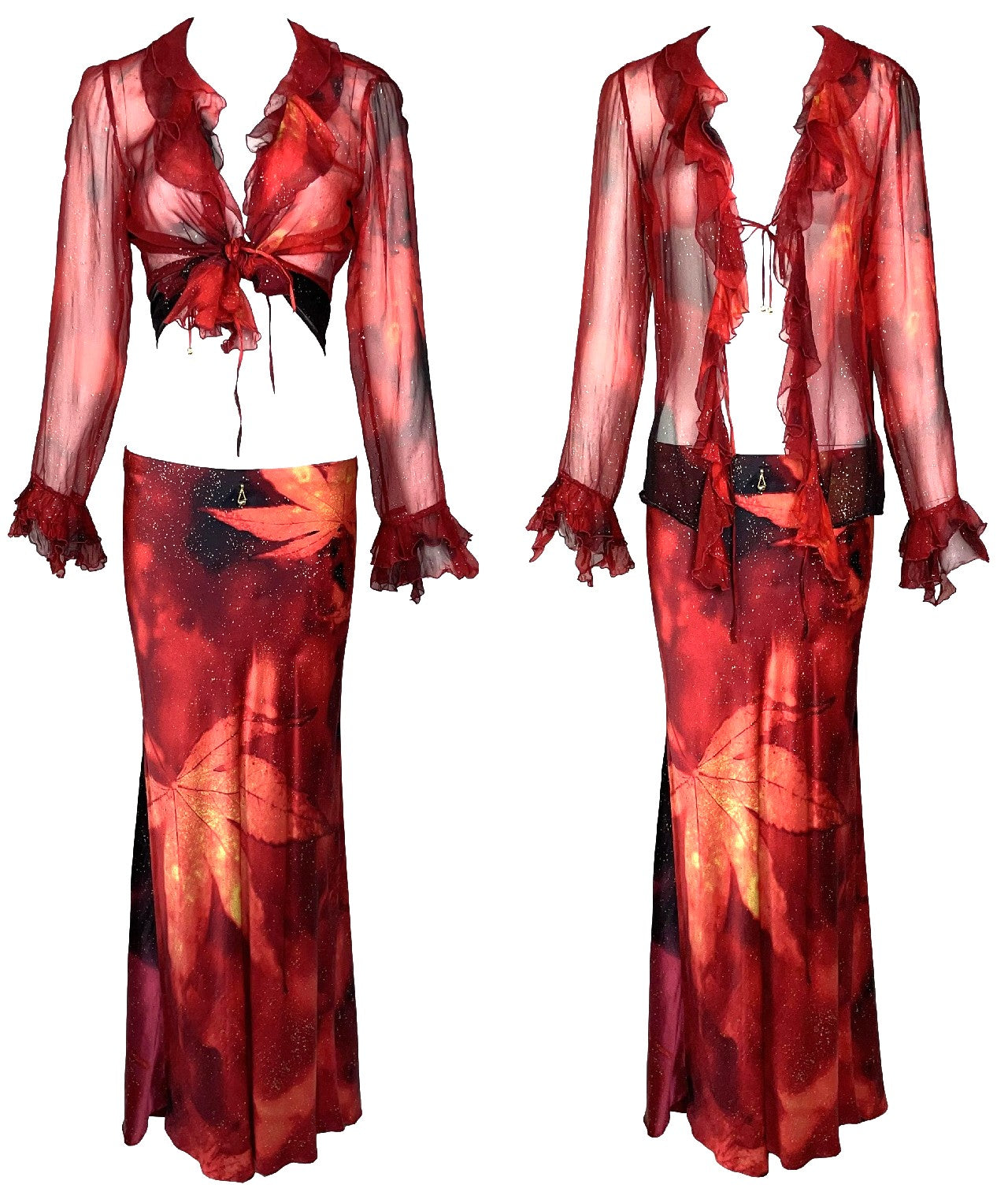 F/W 1999 Roberto Cavalli Sheer Red Silk Top & Maxi Skirt Set