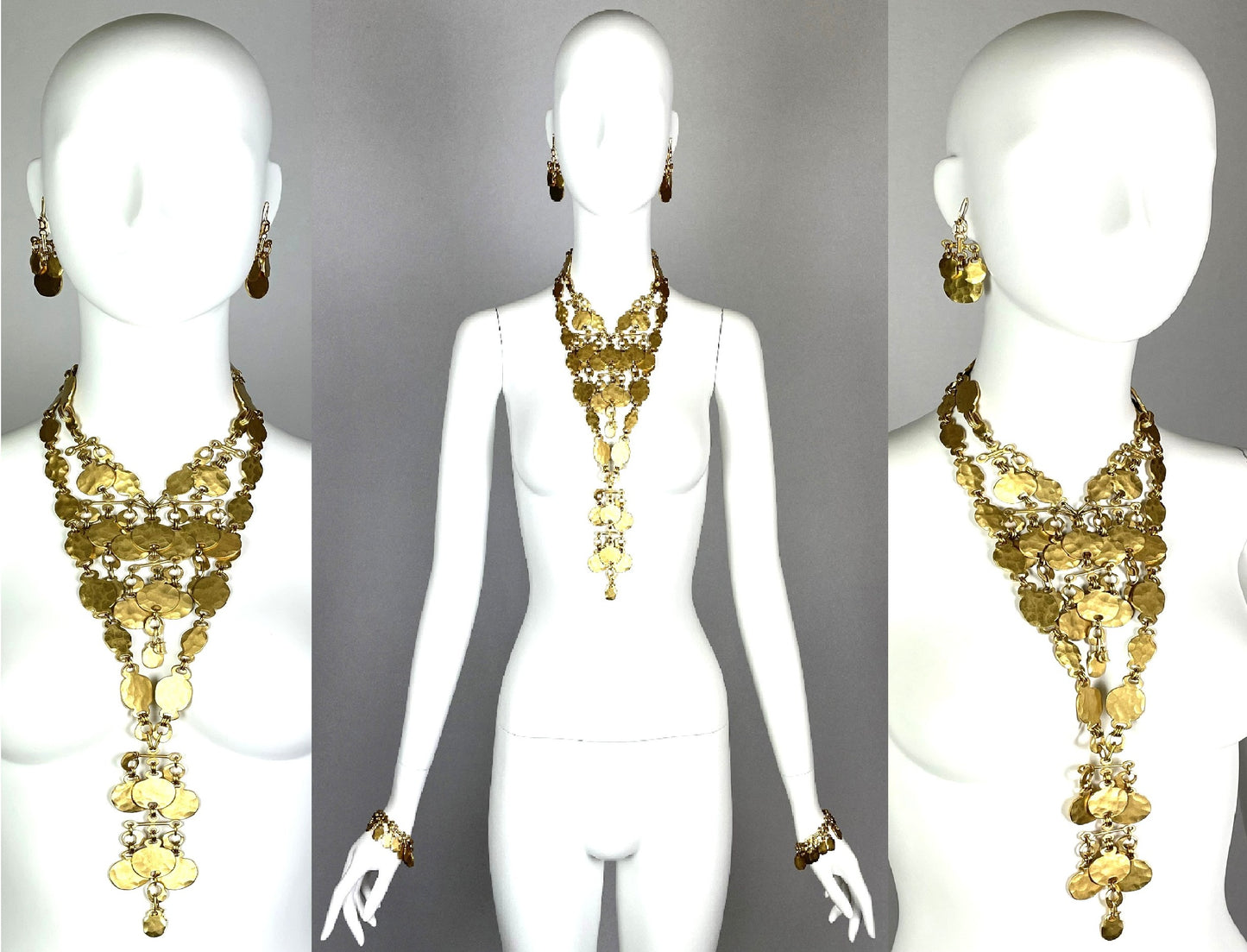 C. 2007 Christian Dior by John Galliano Egyptian Hammered Gold Large Necklace Set Bracelet Earrings & Anklet Set