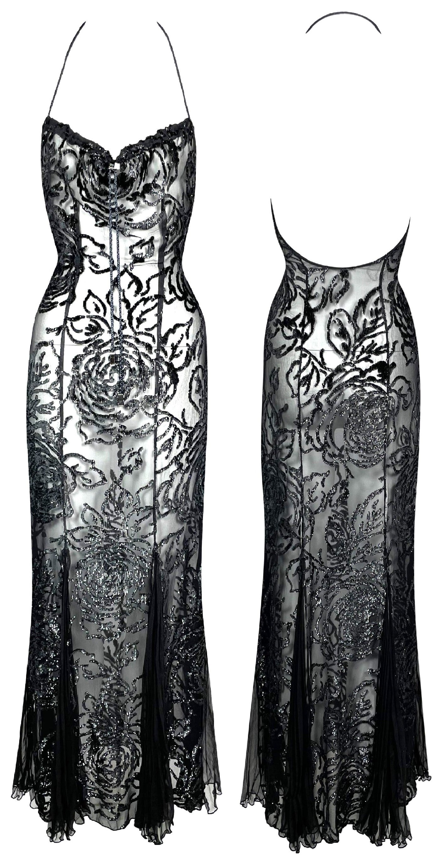 F/W 2001 Christian Dior by John Galliano Sheer Metallic Black Halter Drawstring Mermaid Maxi Dress