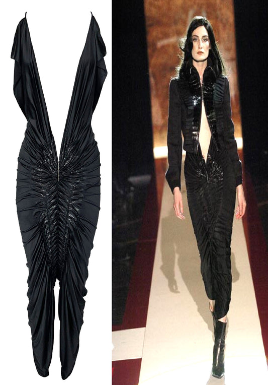 NWT F/W 2004 Gianfranco Ferre Runway Black Plunging Ruched 70's Style Romper Jumpsuit