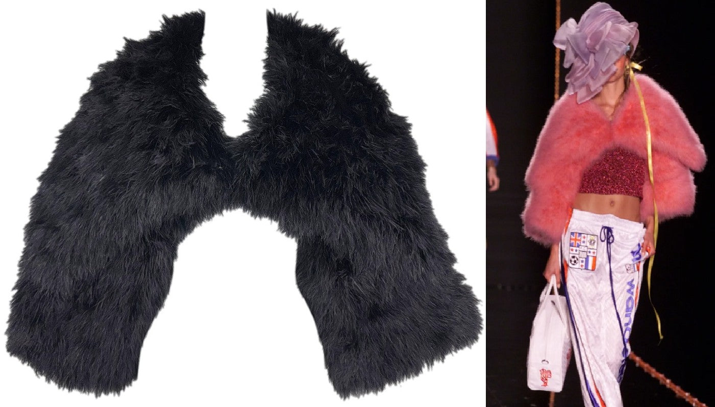 F/W 2000 John Galliano Runway Black Chubby Wide Collar Feather Cropped Jacket Coat