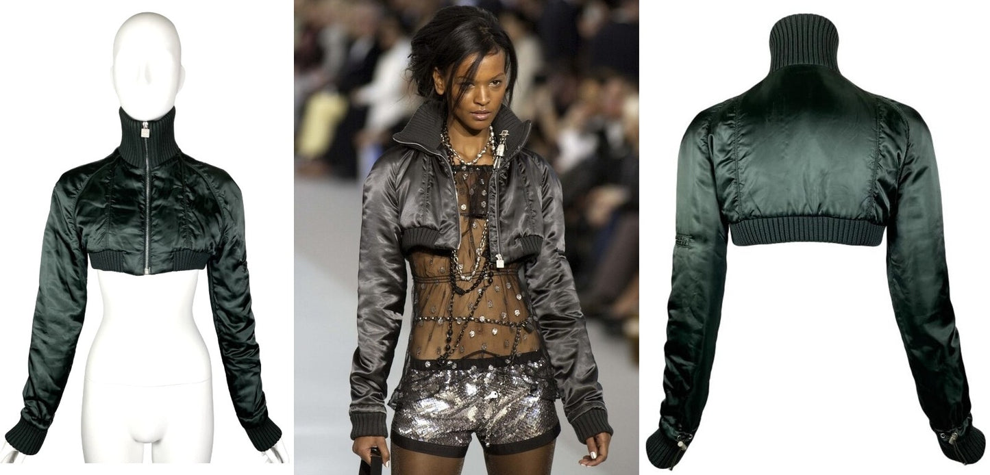 F/W 2003 Chanel by Karl Lagerfeld Runway Cropped Green Puffer Bomber Jacket Coat