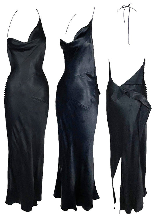 S/S 2000 Christian Dior x John Galliano Asymmetrical Black Satin Halter Backless Maxi Dress