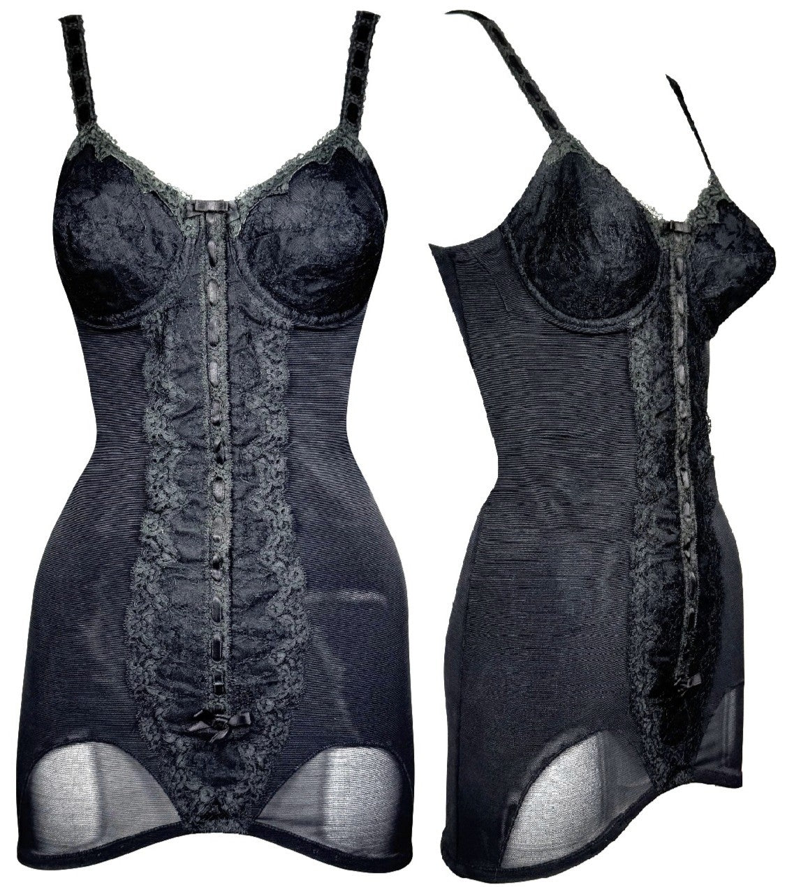 1950's Christian Dior Old Hollywood Starlet Pin-Up Sheer Black Nylon & Lace Cone Bra Mini Dress Lingerie