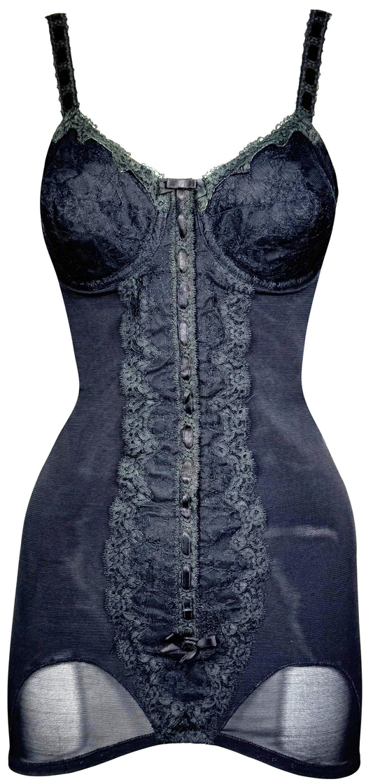 1950's Christian Dior Old Hollywood Starlet Pin-Up Sheer Black Nylon & Lace Cone Bra Mini Dress Lingerie