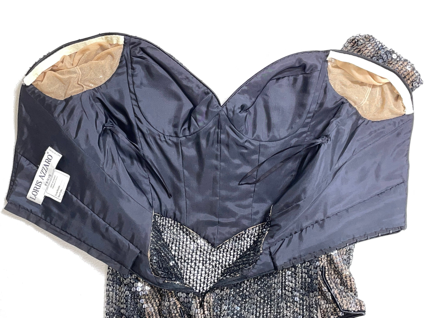Vintage 1970's Loris Azzaro Sheer Black Off Shoulder Bustier Sequin Gown Dress
