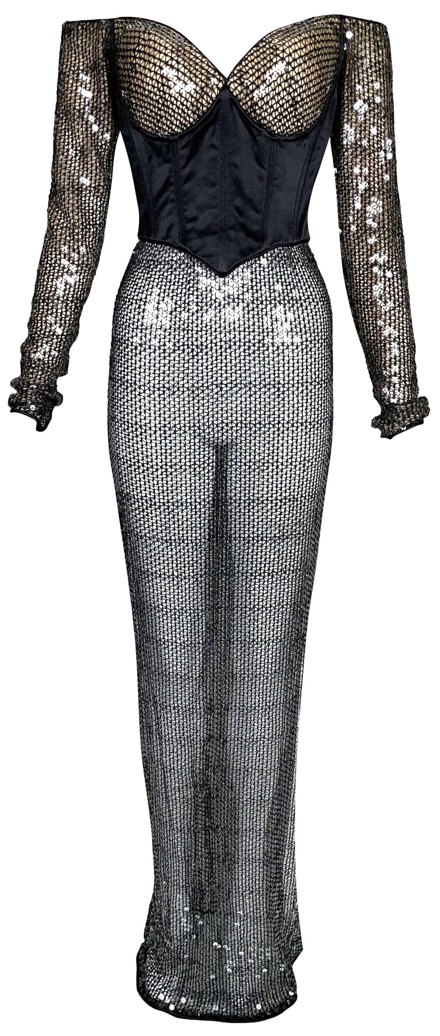 Vintage 1970's Loris Azzaro Sheer Black Off Shoulder Bustier Sequin Gown Dress