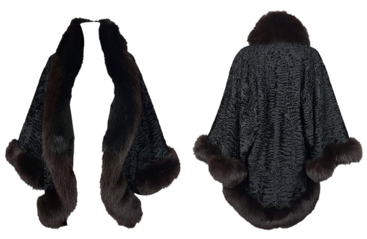 Vintage 1970's Christian Dior Black Broadtail & Fox Kimono Fur Coat