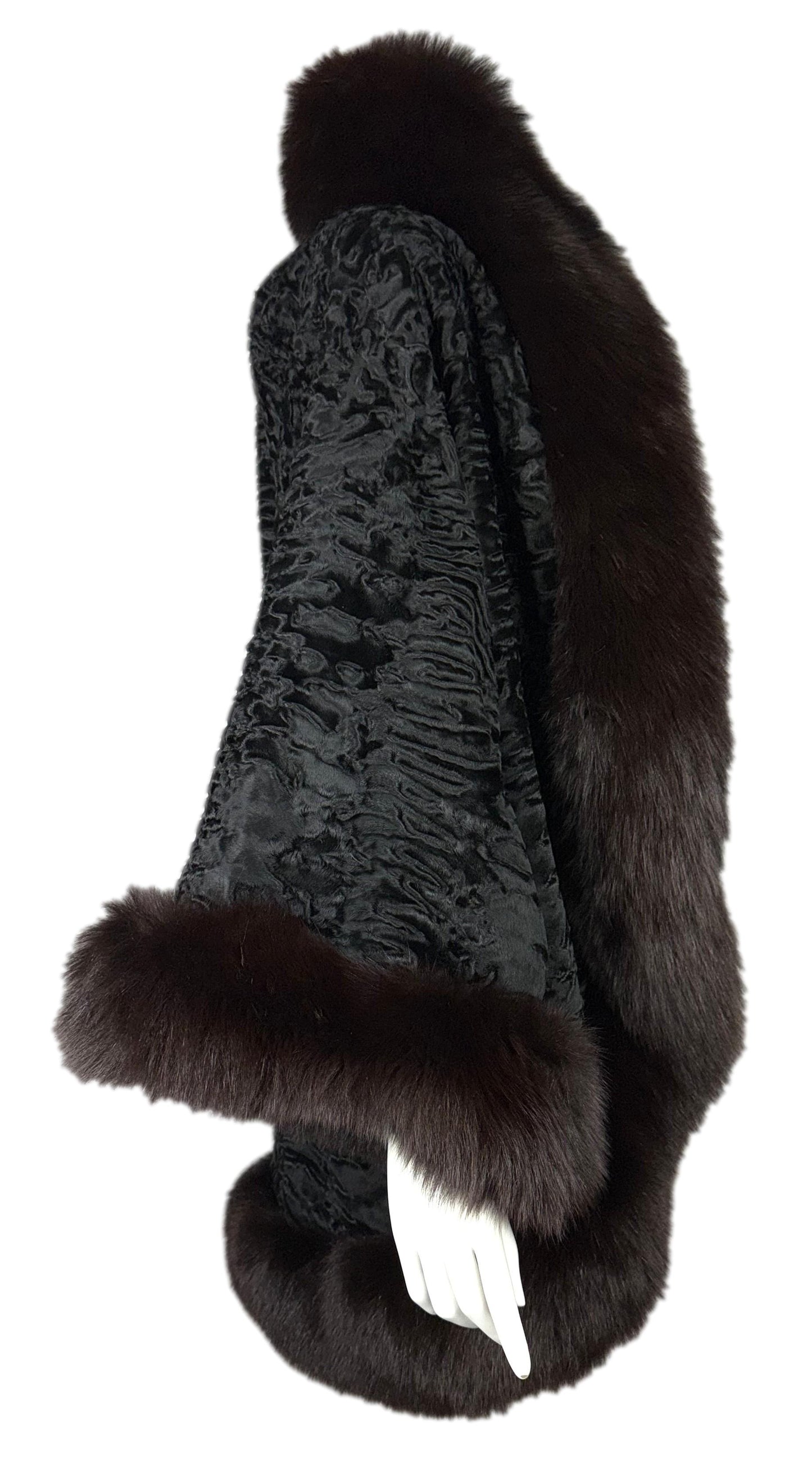 Vintage 1970's Christian Dior Black Broadtail & Fox Kimono Fur Coat