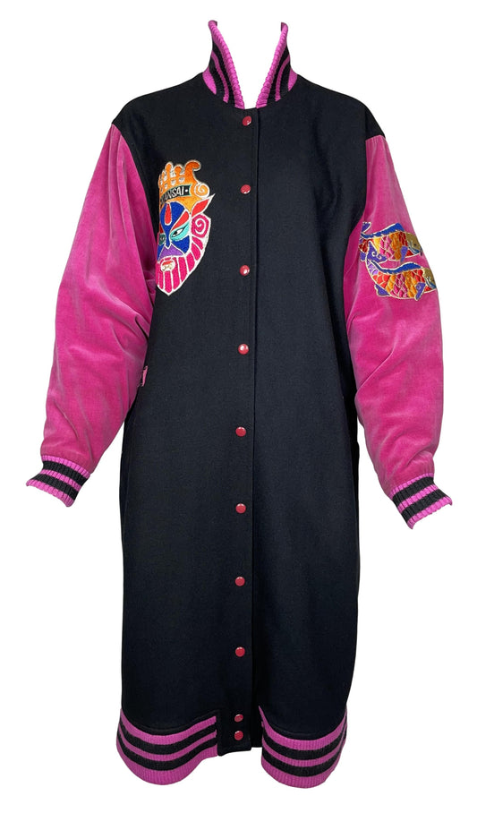 F/W 1980's Kansai Yamamoto Hip-Hop Black & Pink Baggy Long Letterman Jacket Coat