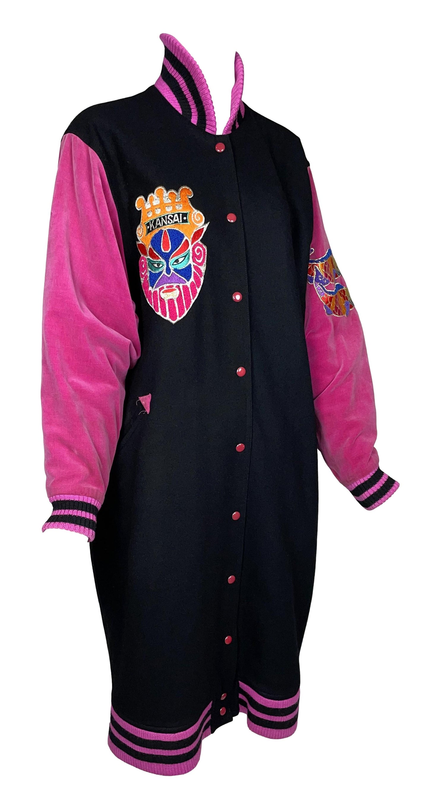 F/W 1980's Kansai Yamamoto Hip-Hop Black & Pink Baggy Long Letterman Jacket Coat