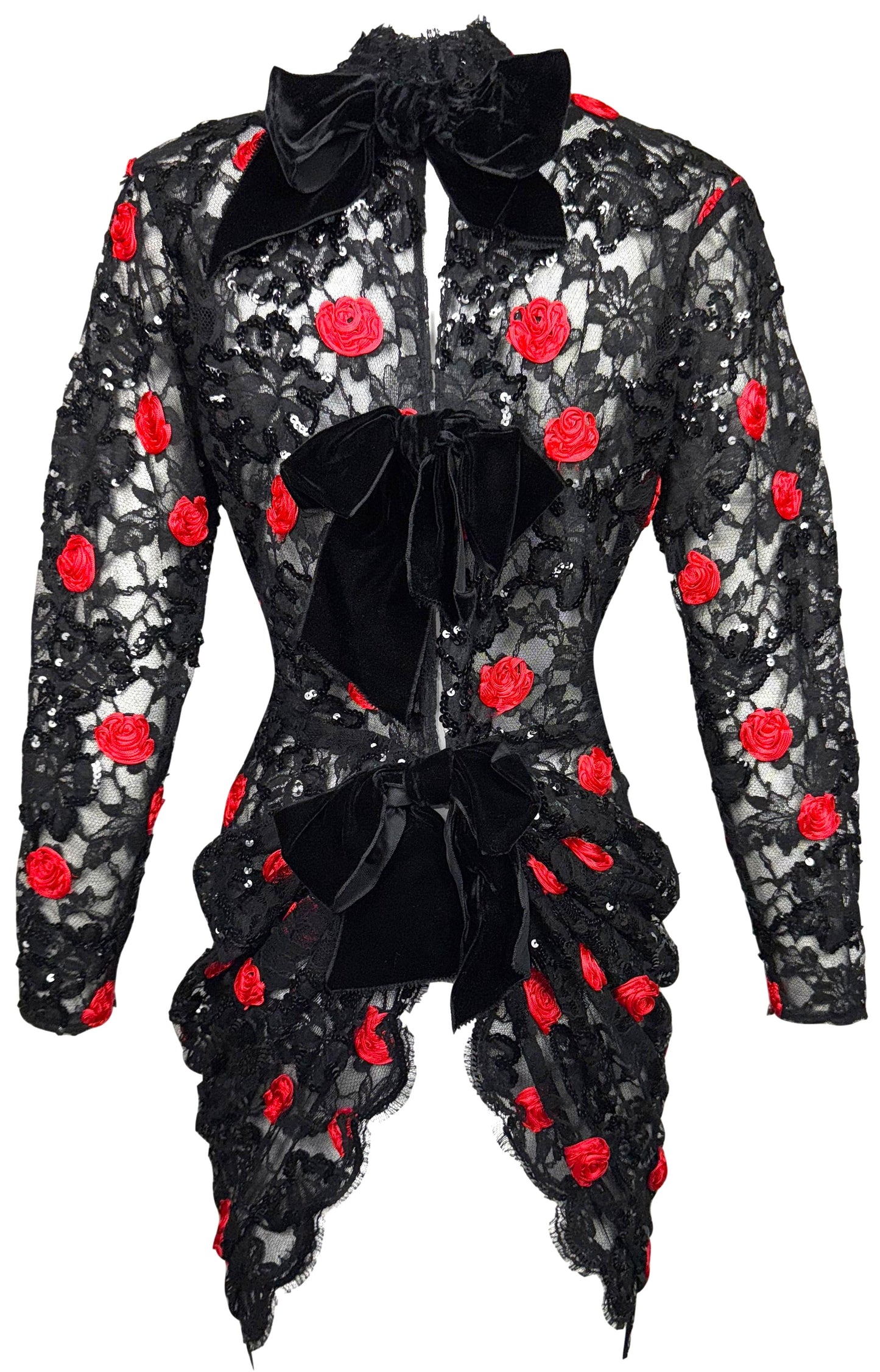 Vintage 1980's Christian Dior Sheer Black Lace Queen Of Hearts Red Roses Lolita Bows Mini Dress