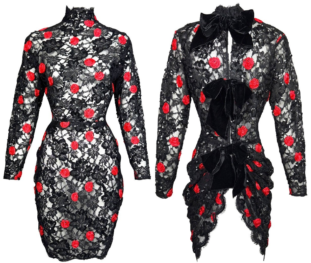 Vintage 1980's Christian Dior Sheer Black Lace Queen Of Hearts Red Roses Lolita Bows Mini Dress