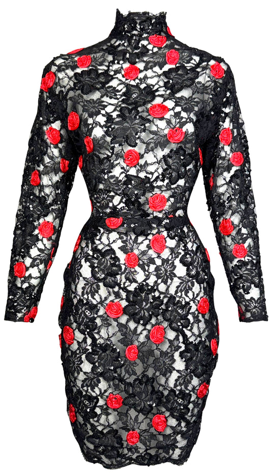 Vintage 1980's Christian Dior Sheer Black Lace Queen Of Hearts Red Roses Lolita Bows Mini Dress