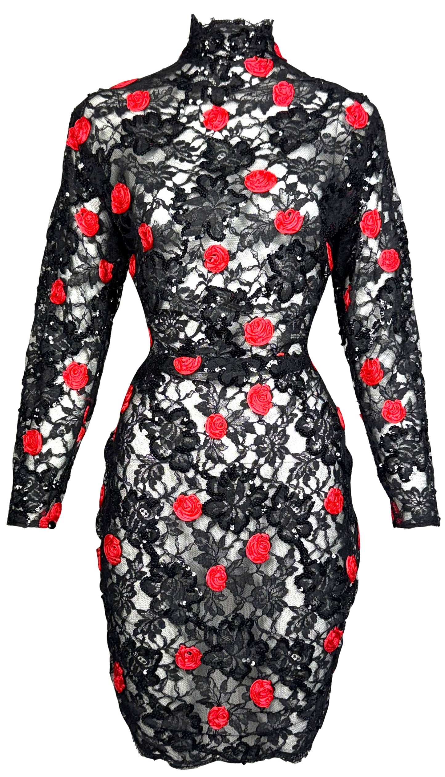 Vintage 1980's Christian Dior Sheer Black Lace Queen Of Hearts Red Roses Lolita Bows Mini Dress
