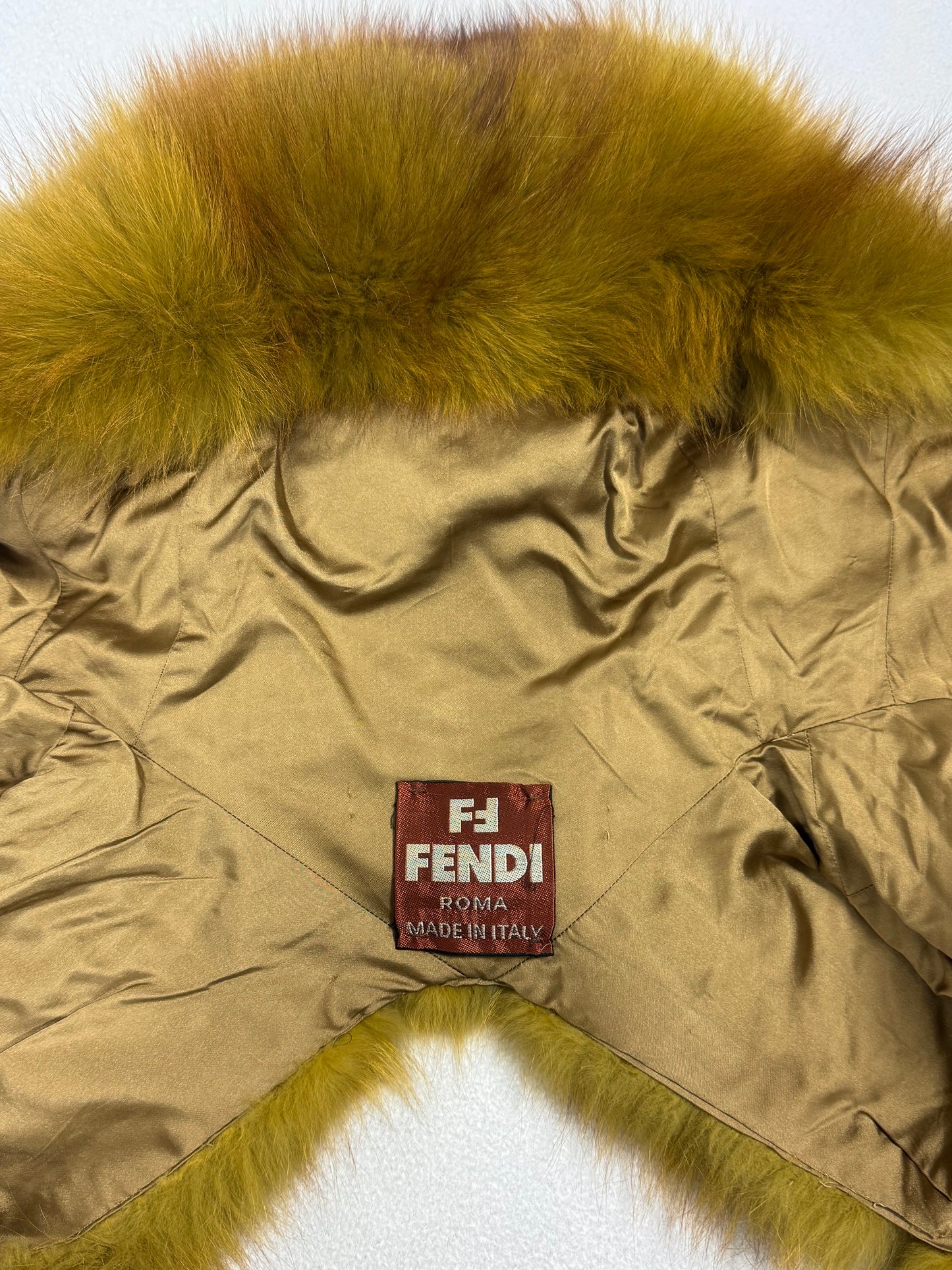 Vintage 1980's Fendi x Karl Lagerfeld Green & Brown Fox Fur Hooded Cropped Jacket Coat