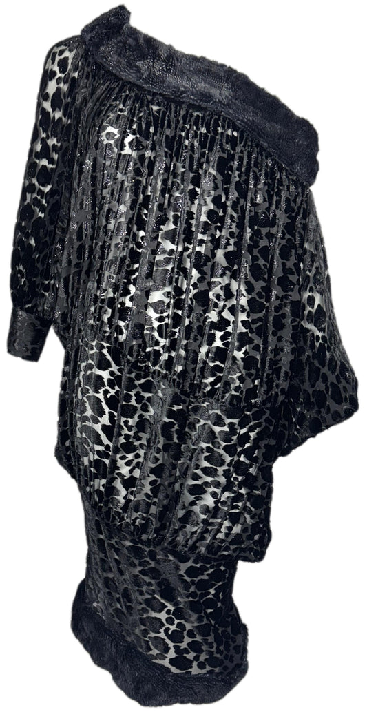 1980's Fendi Off Shoulder 1930's Flapper Style Sheer Black Faux Fur Cocoon Dress