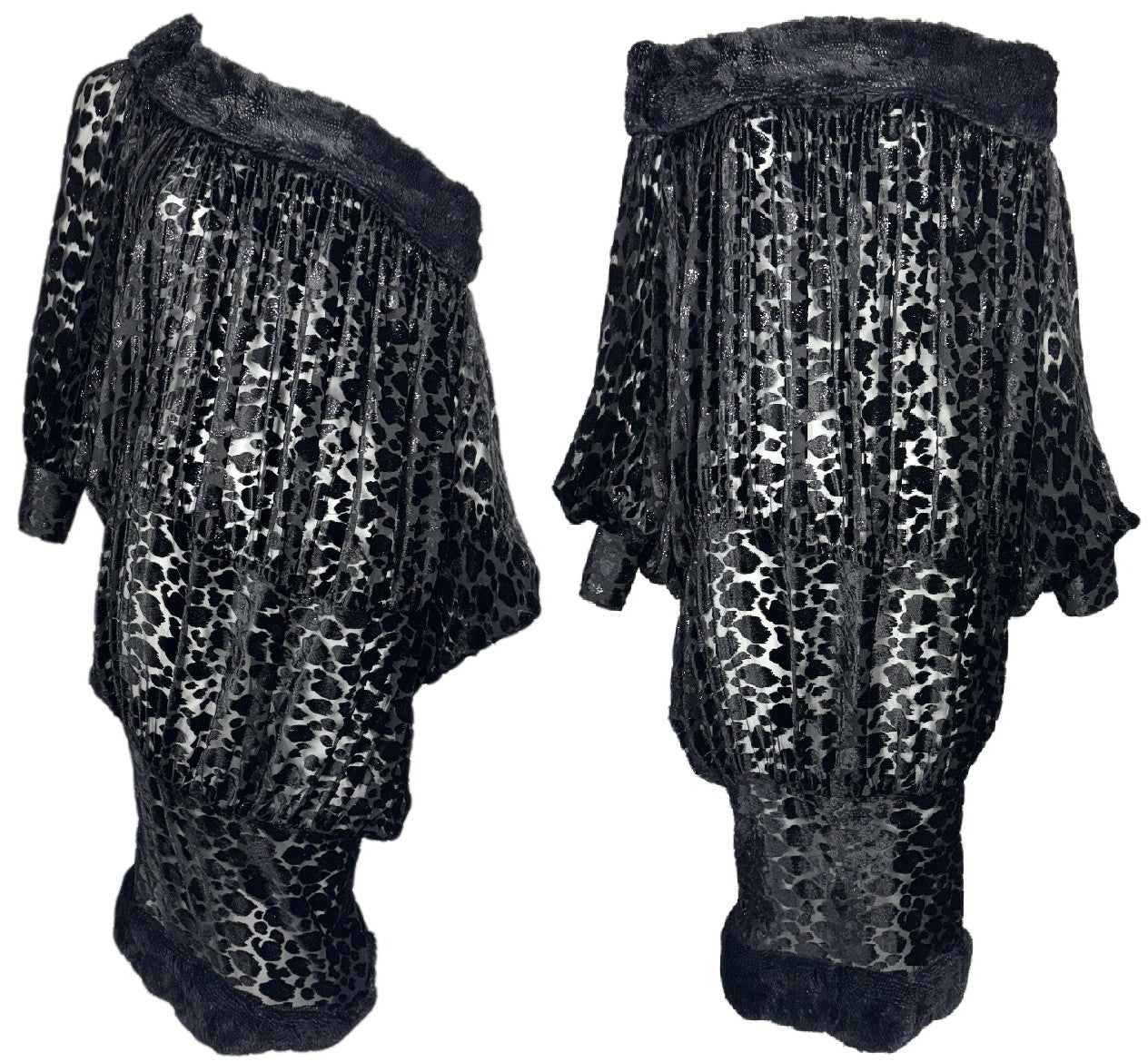 1980's Fendi Off Shoulder 1930's Flapper Style Sheer Black Faux Fur Cocoon Dress