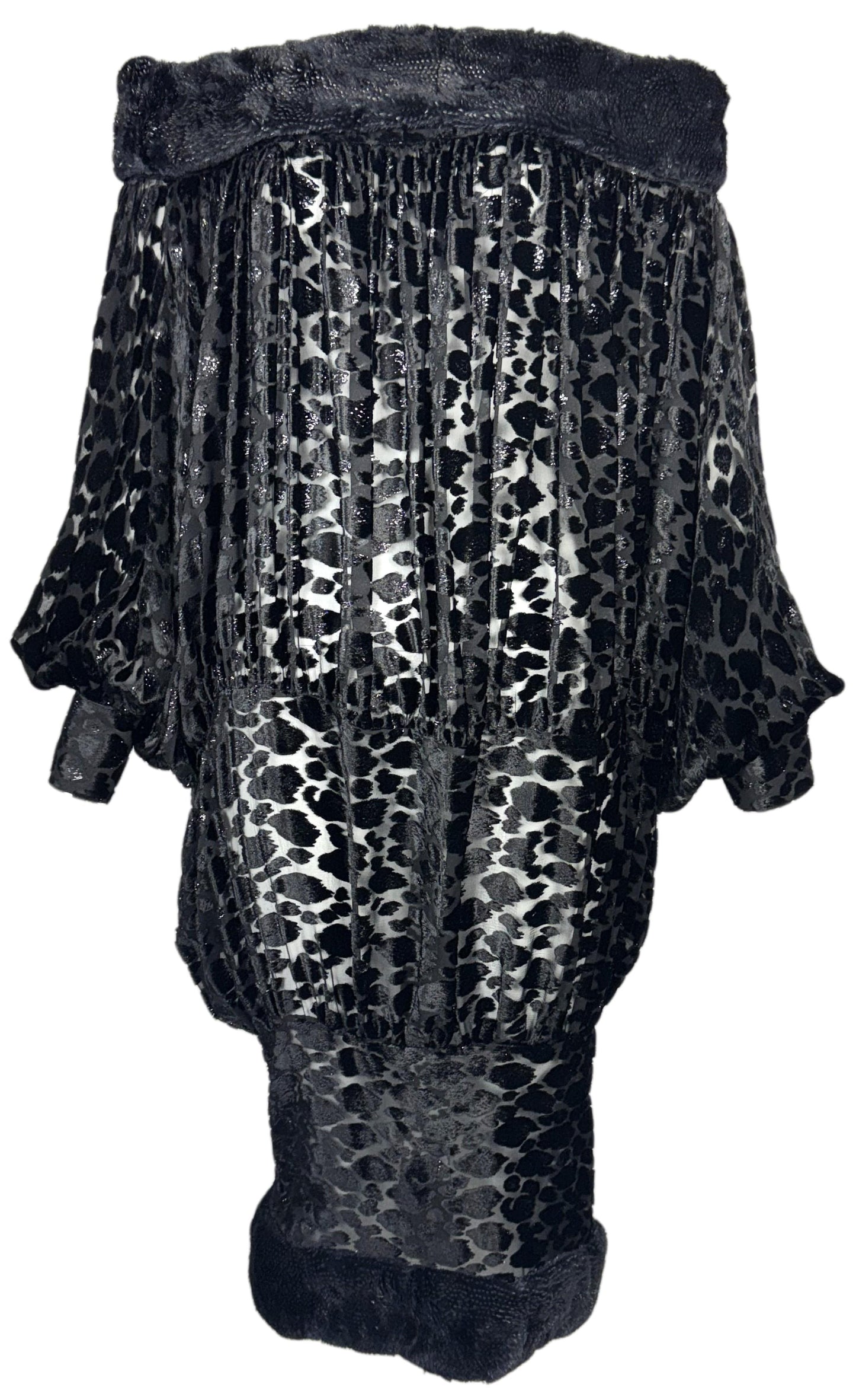 1980's Fendi Off Shoulder 1930's Flapper Style Sheer Black Faux Fur Cocoon Dress