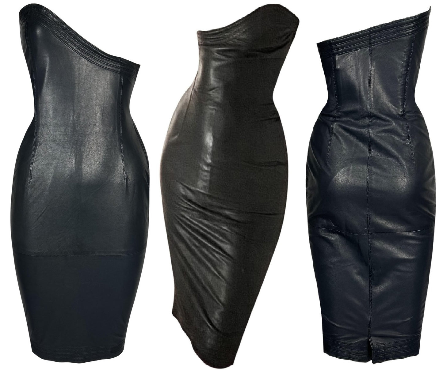 Vintage 1980's Gianni Versace Sexy Open Chest Dark Navy Blue Second Skin Leather Bodycon Mini Dress