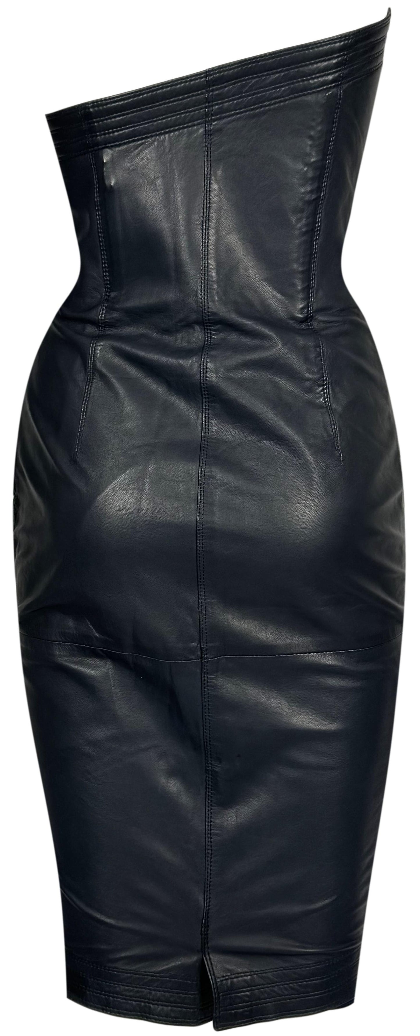 Vintage 1980's Gianni Versace Sexy Open Chest Dark Navy Blue Second Skin Leather Bodycon Mini Dress