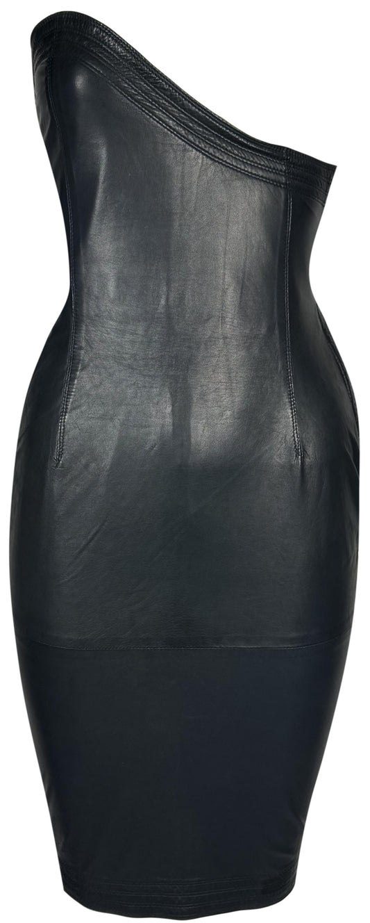 Vintage 1980's Gianni Versace Sexy Open Chest Dark Navy Blue Second Skin Leather Bodycon Mini Dress