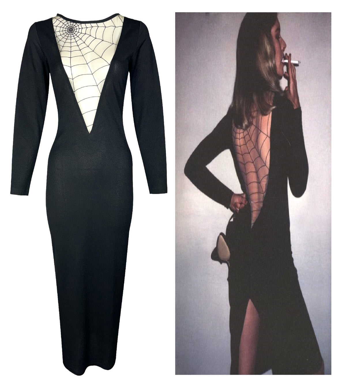 RARE Vintage 1983 Chantal Thomass Plunging Black Sheer Nude Mesh Spiderweb Maxi Dress