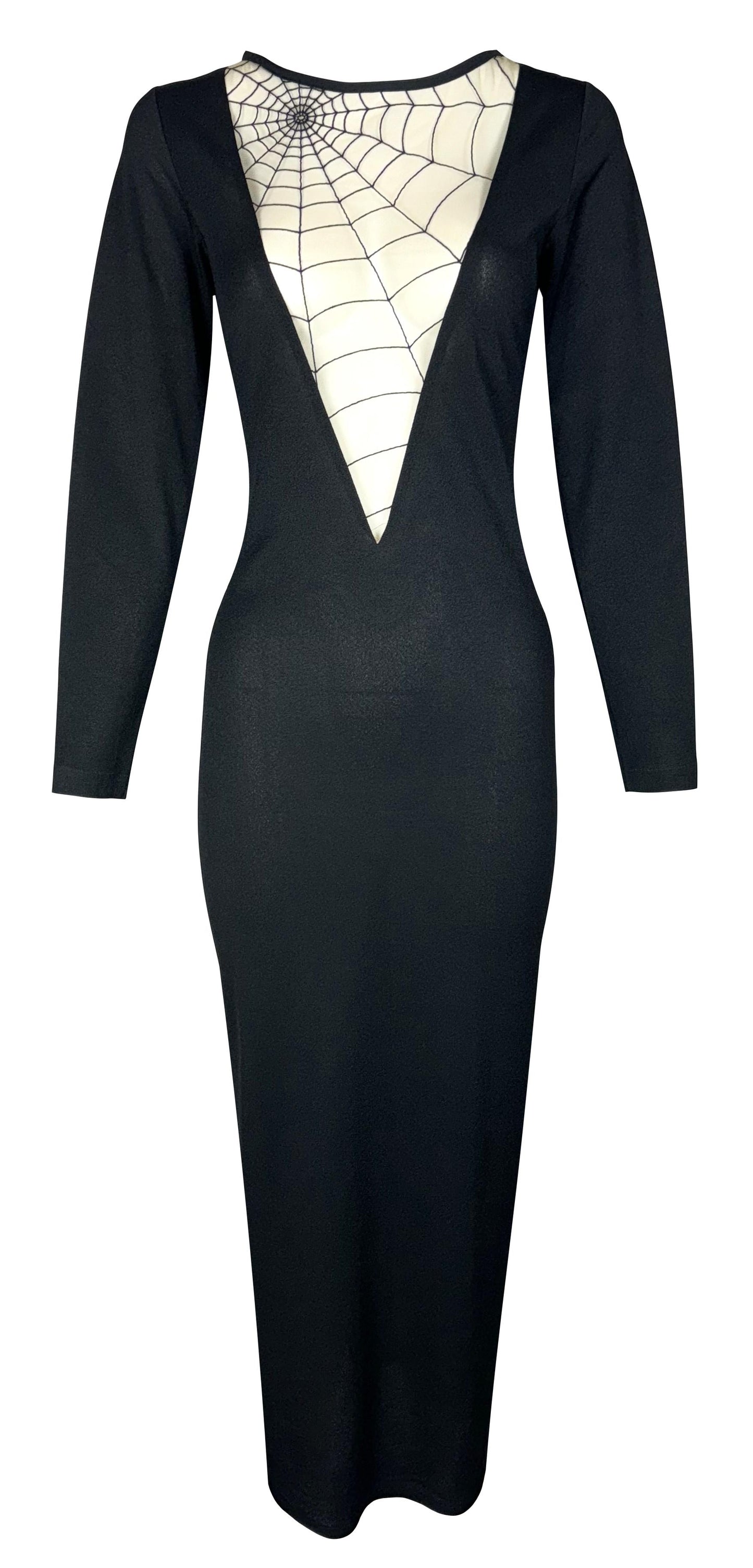 1983 Chantal Thomass Plunging Black Sheer Nude Mesh Spiderweb Maxi Dress