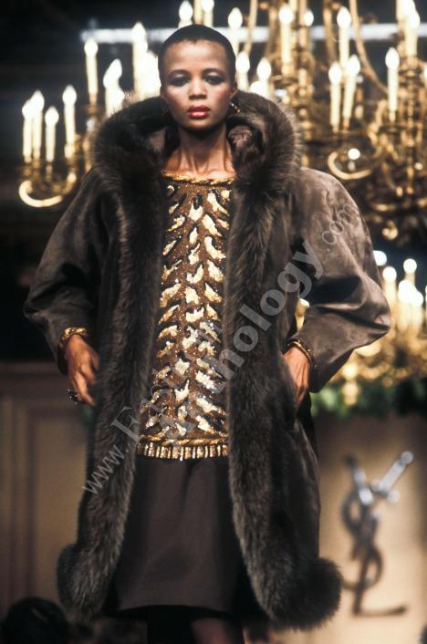 F/W 1983 Yves Saint Laurent Haute Couture Runway Brown Suede Leather Fox Fur Hooded Coat