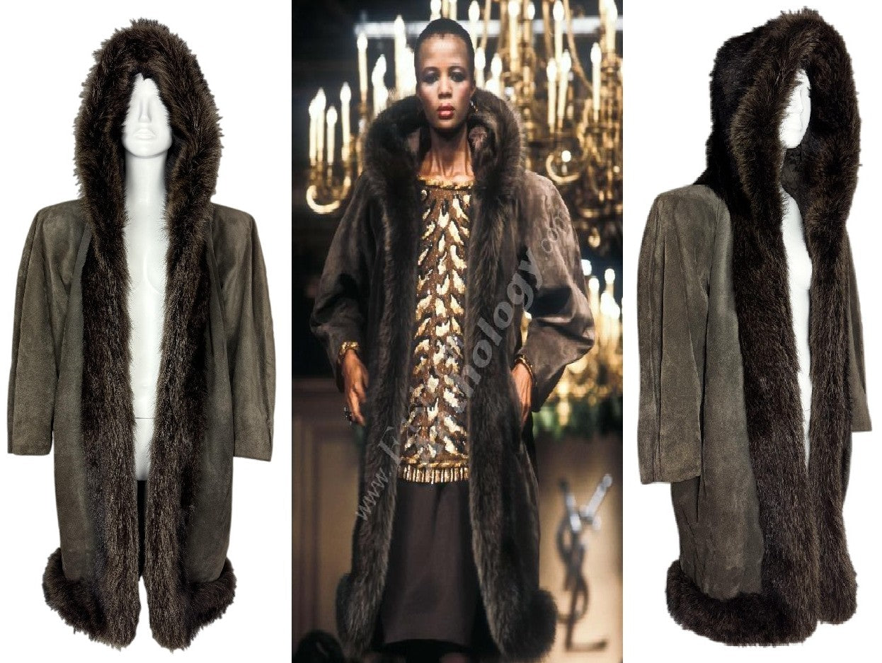 F/W 1983 Yves Saint Laurent Haute Couture Runway Brown Suede Leather Fox Fur Hooded Coat