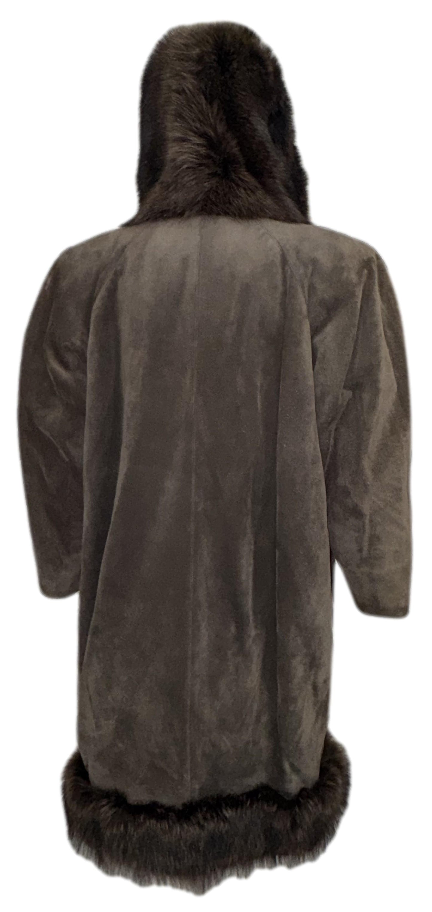 F/W 1983 Yves Saint Laurent Haute Couture Runway Brown Suede Leather Fox Fur Hooded Coat