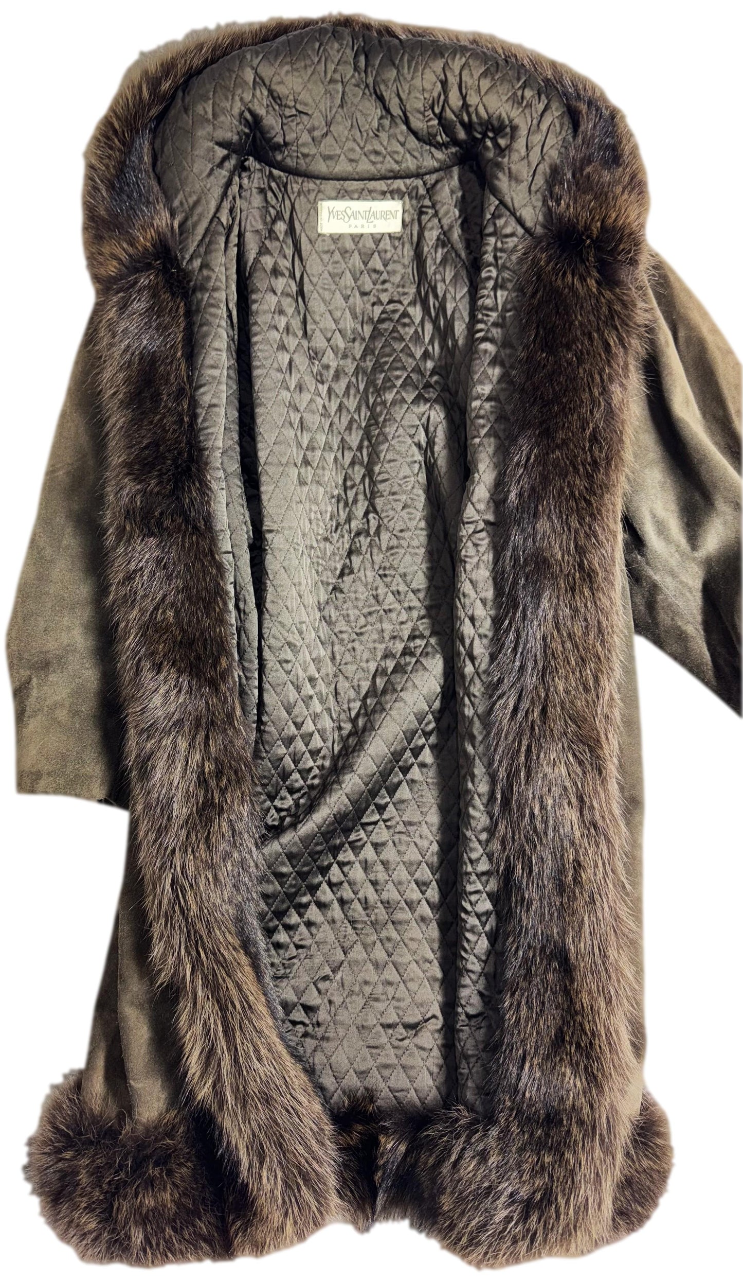 F/W 1983 Yves Saint Laurent Haute Couture Runway Brown Suede Leather Fox Fur Hooded Coat