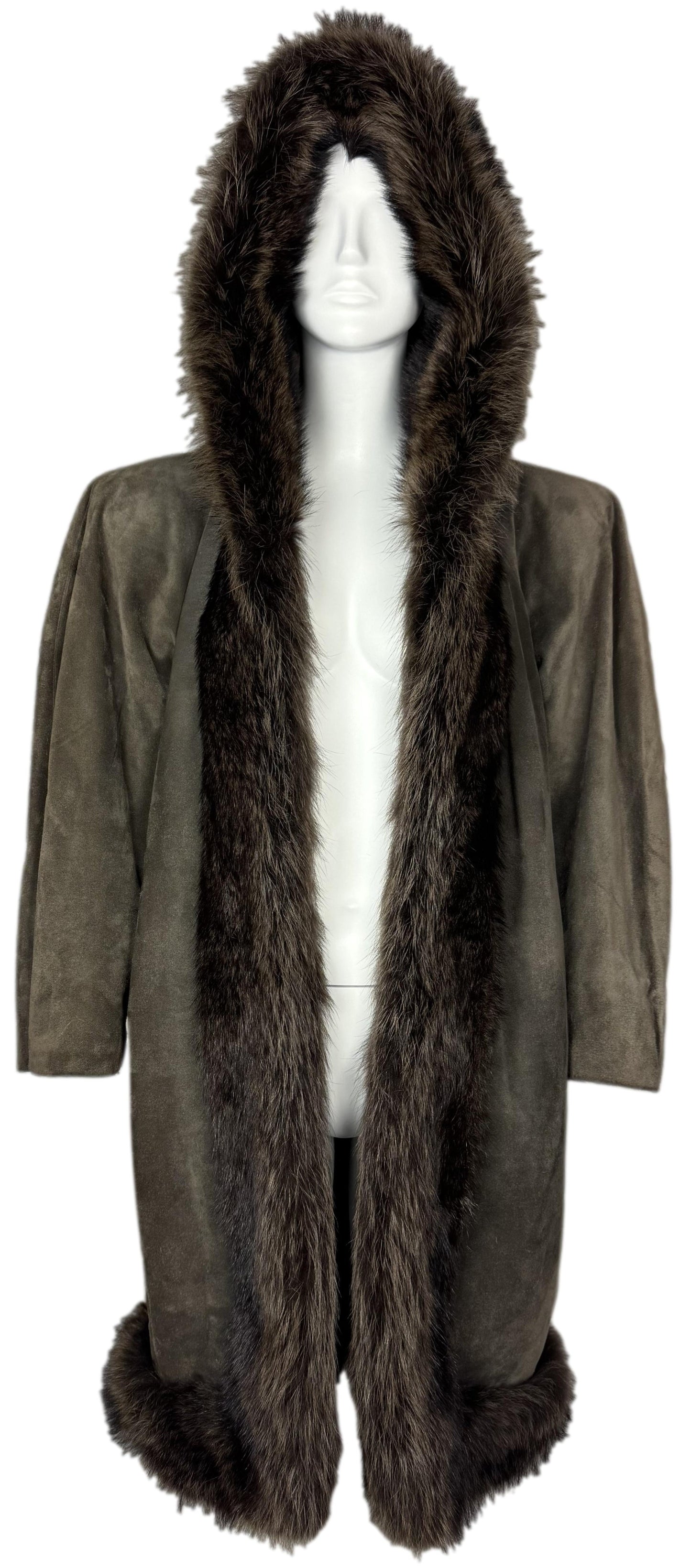 F/W 1983 Yves Saint Laurent Haute Couture Runway Brown Suede Leather Fox Fur Hooded Coat