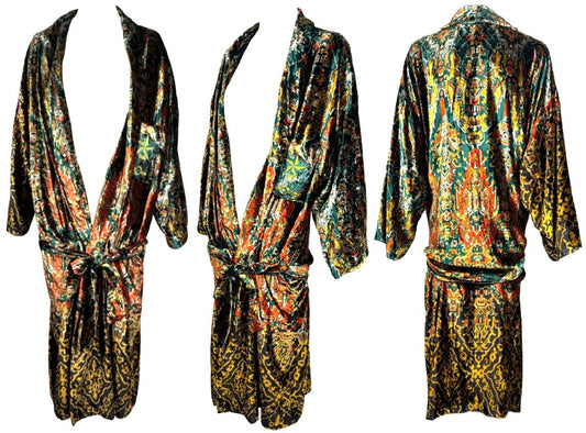 Vintage 1988 Gianfranco Ferre Aztec Print Velvet 1920's Flapper Style Drop Waist Robe Coat Jacket