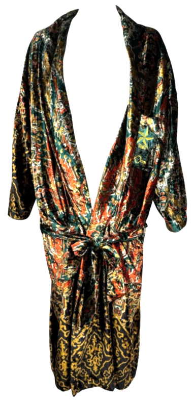 Vintage 1988 Gianfranco Ferre Aztec Print Velvet 1920's Flapper Style Drop Waist Robe Coat Jacket