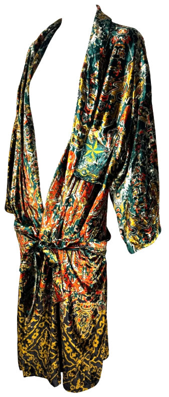 Vintage 1988 Gianfranco Ferre Aztec Print Velvet 1920's Flapper Style Drop Waist Robe Coat Jacket