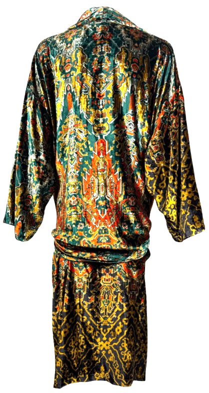 Vintage 1988 Gianfranco Ferre Aztec Print Velvet 1920's Flapper Style Drop Waist Robe Coat Jacket