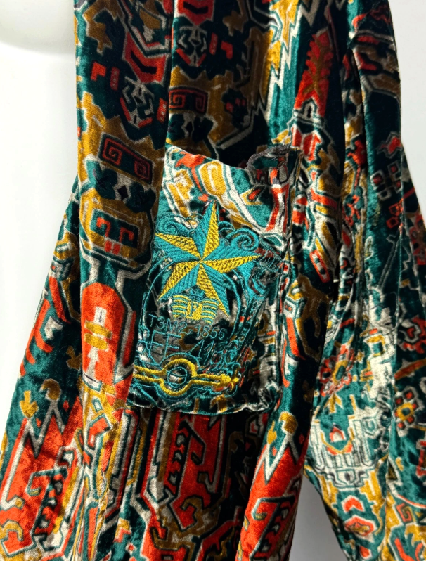 Vintage 1988 Gianfranco Ferre Aztec Print Velvet 1920's Flapper Style Drop Waist Robe Coat Jacket