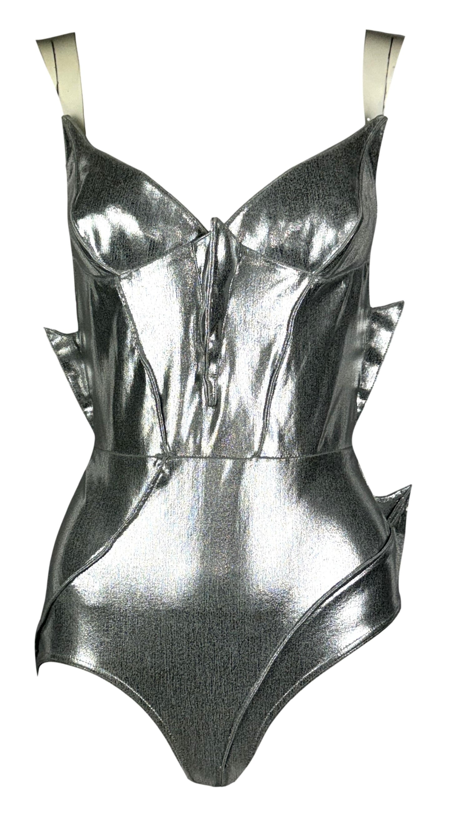Vintage S/S 1989 Thierry Mugler Silver Mermaid Swimsuit Bodysuit