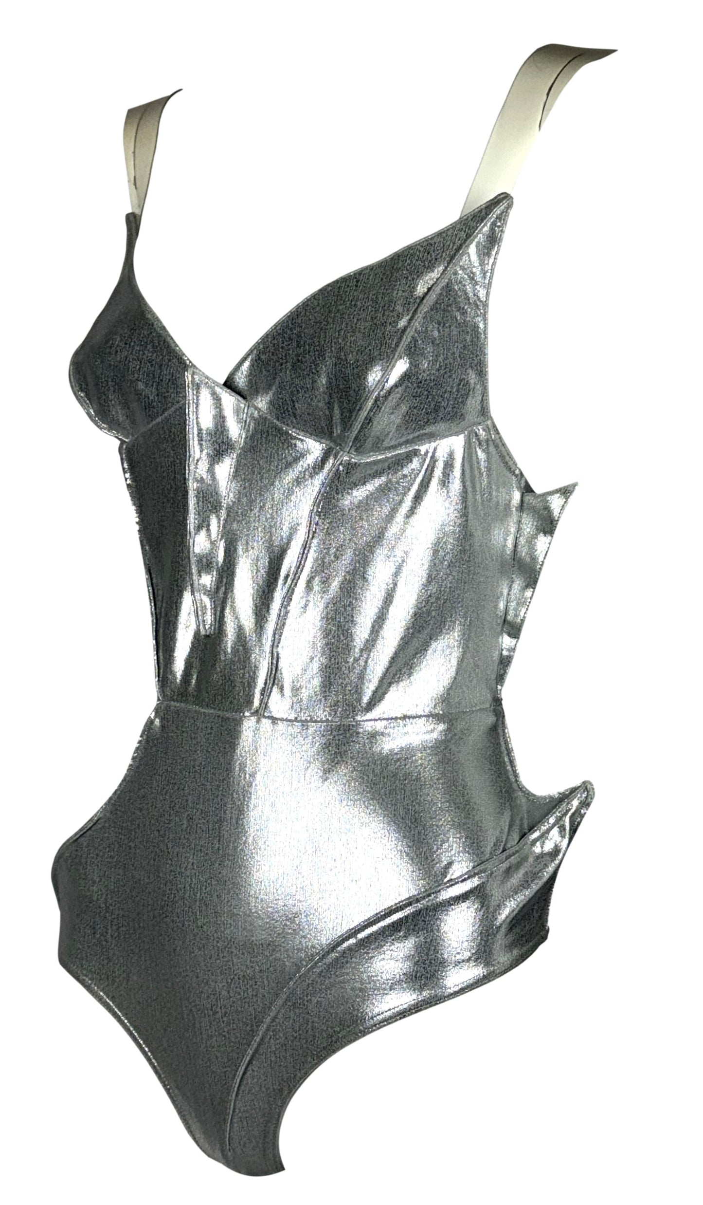 Vintage S/S 1989 Thierry Mugler Silver Mermaid Swimsuit Bodysuit