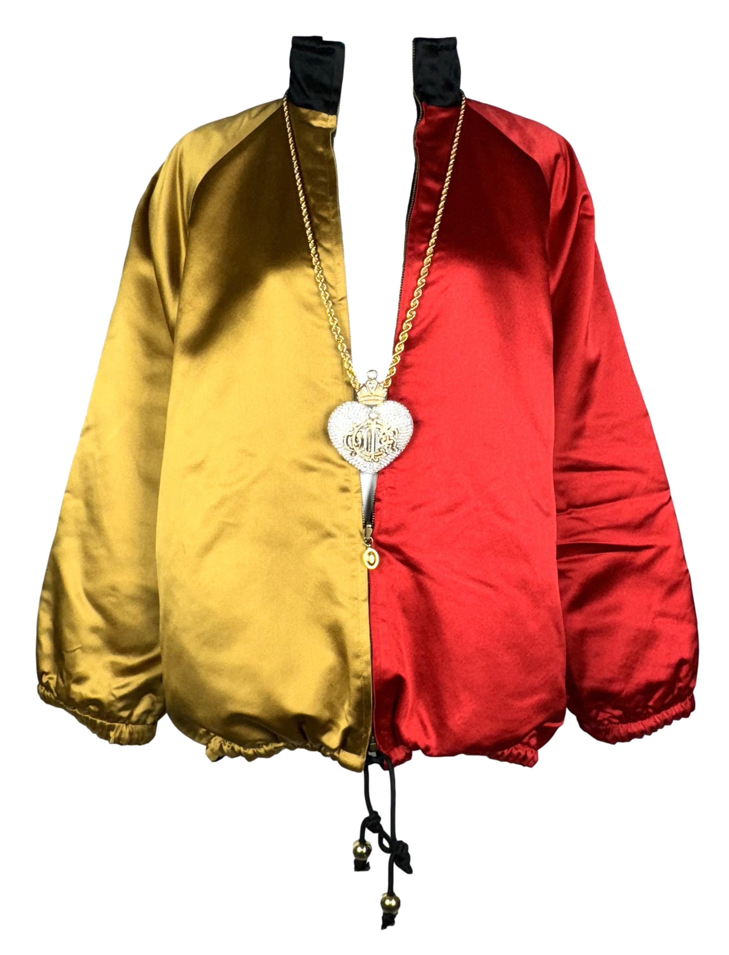 F/W 1990 Christian Dior by Gianfranco Ferre Runway Red & Gold Embellished Crown Baggy Reversible Coat Jacket