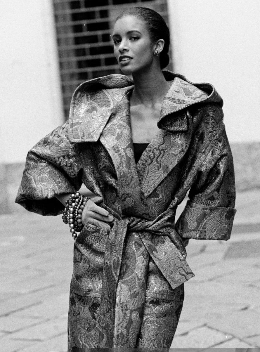 F/W 1990 Gianfranco Ferre Runway Blue & Silver Crystal Embroidered Hooded Kimono Coat