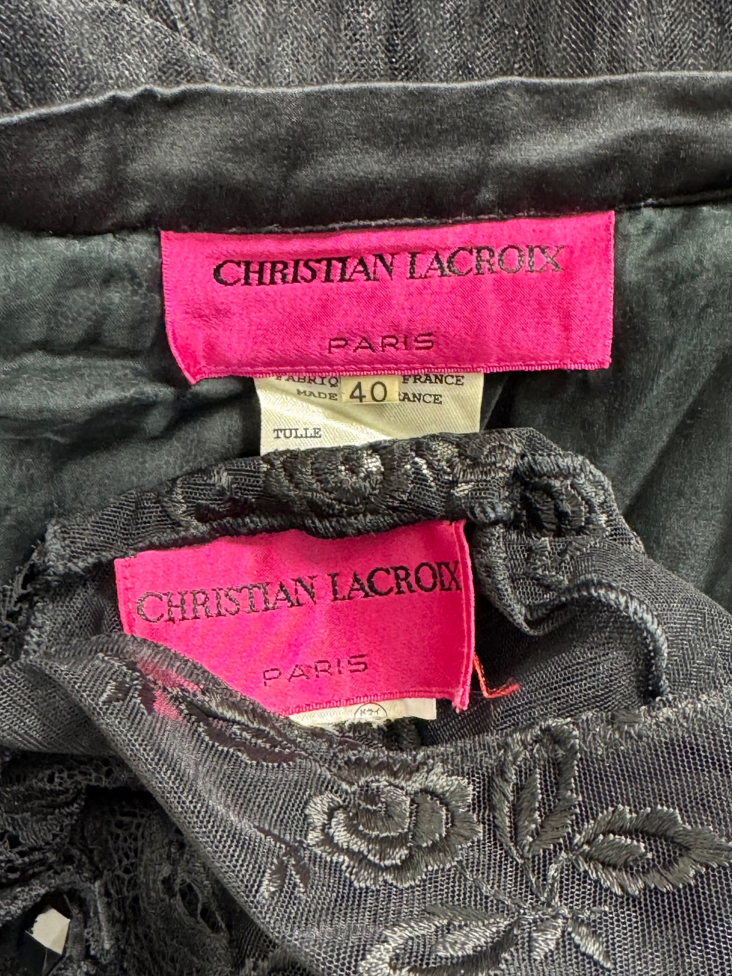1990's Christian Lacroix Black Swan Goth Sheer Black Floral Lace Embroidered Bodysuit Top & Tulle Maxi Skirt