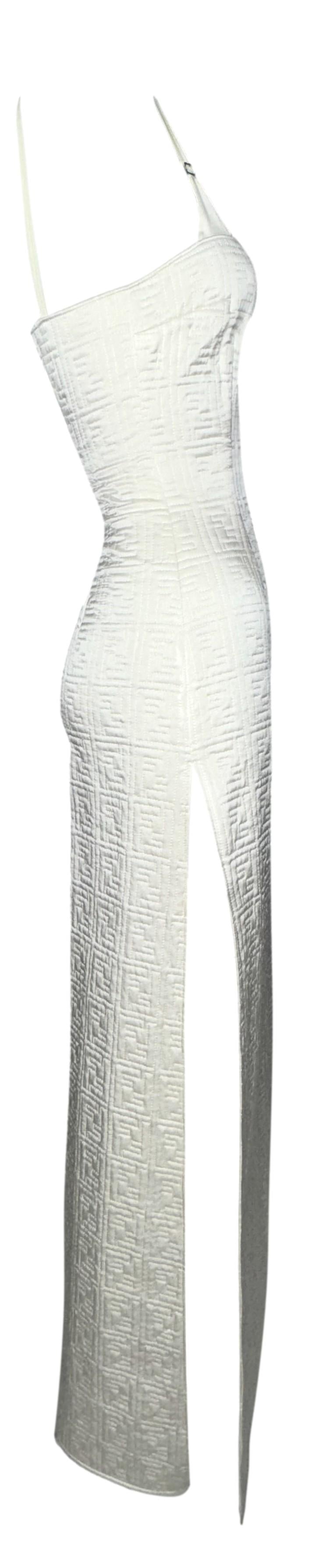 Vintage 1990's Fendi x Karl Lagerfeld Ivory Logo Monogram Satin Cheongsam Double High Slits Maxi Dress