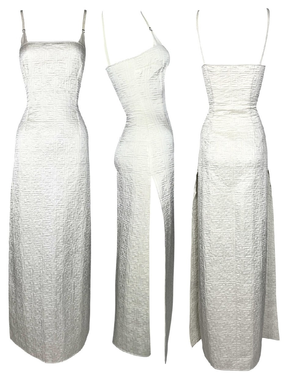 Vintage 1990's Fendi x Karl Lagerfeld Ivory Logo Monogram Satin Cheongsam Double High Slits Maxi Dress