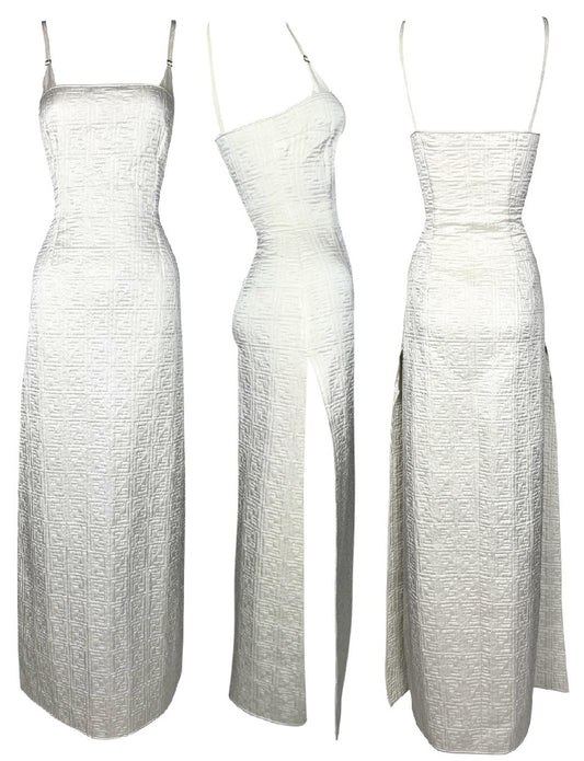 Vintage 1990's Fendi x Karl Lagerfeld Ivory Logo Monogram Satin Cheongsam Double High Slits Maxi Dress