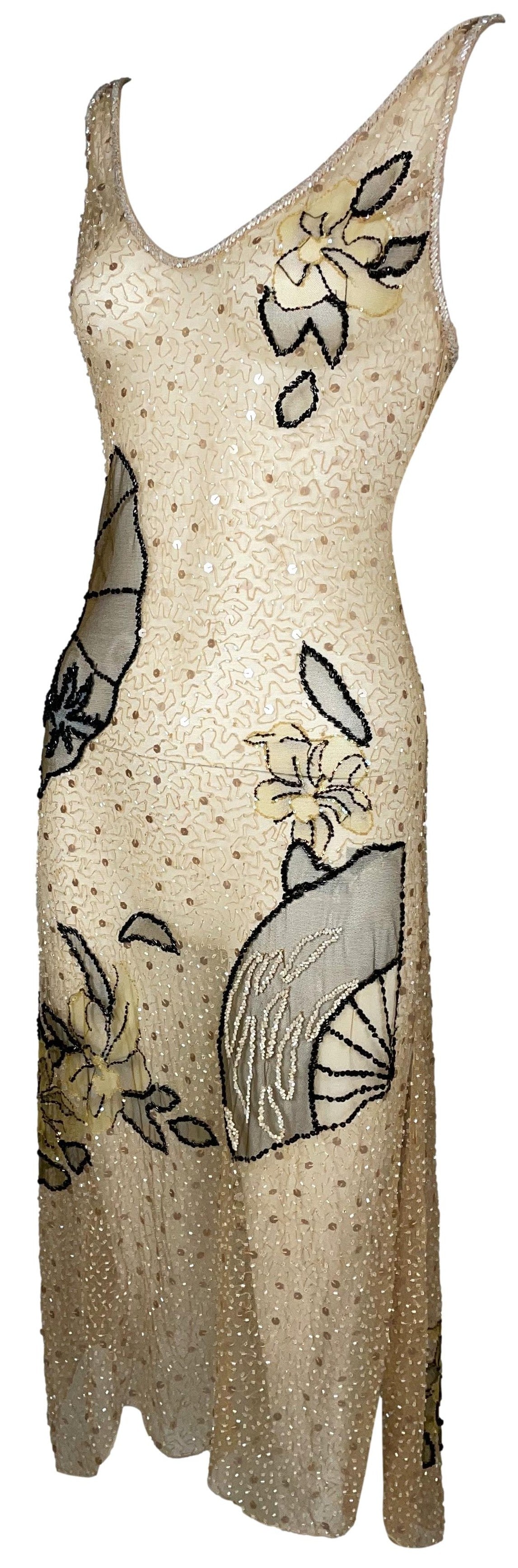 1990's Fendi by Karl Lagerfeld Sheer Nude Mesh Japanese Fan Beaded Embellished Dress