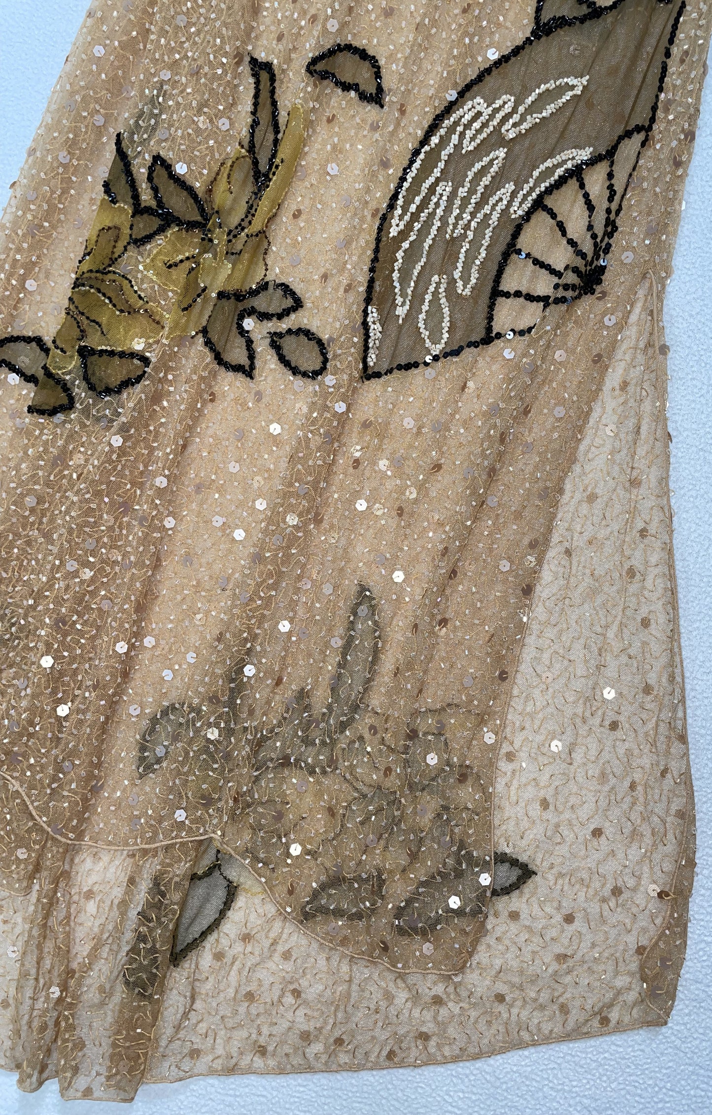 1990's Fendi by Karl Lagerfeld Sheer Nude Mesh Japanese Fan Beaded Embellished Dress