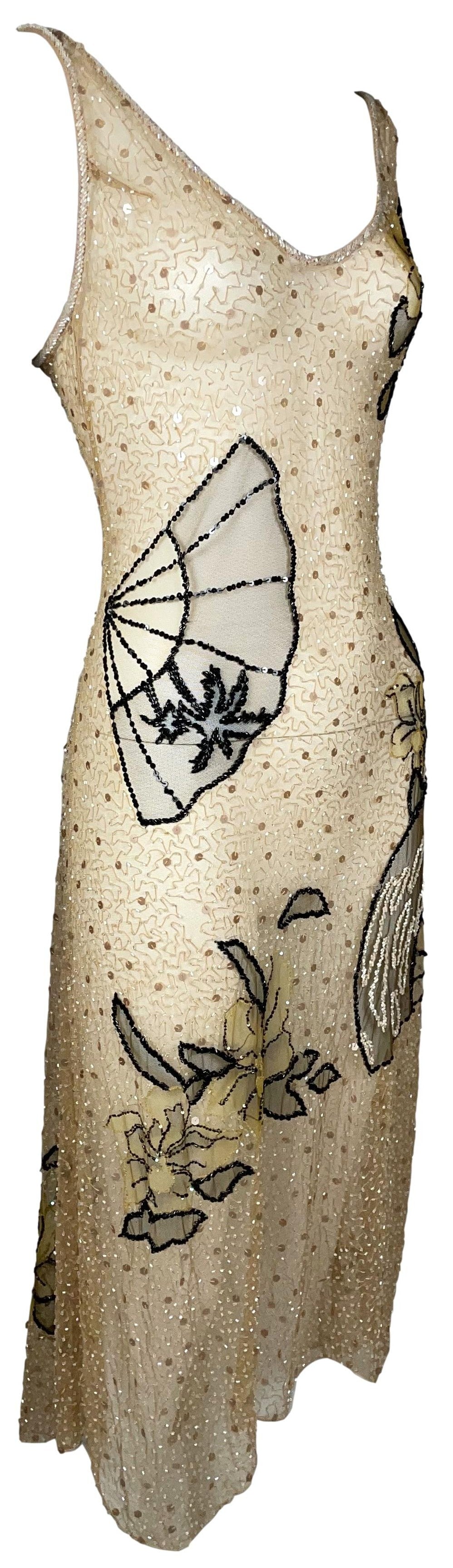 1990's Fendi by Karl Lagerfeld Sheer Nude Mesh Japanese Fan Beaded Embellished Dress